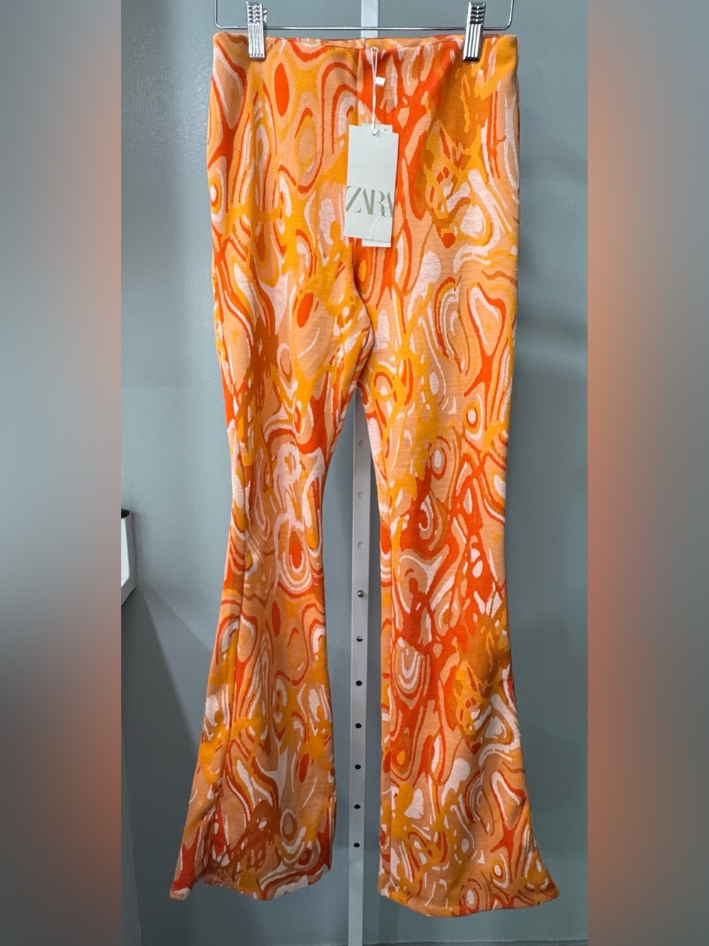 Zara Orange Abstract Flare Pants NWT Size S Retro Knit